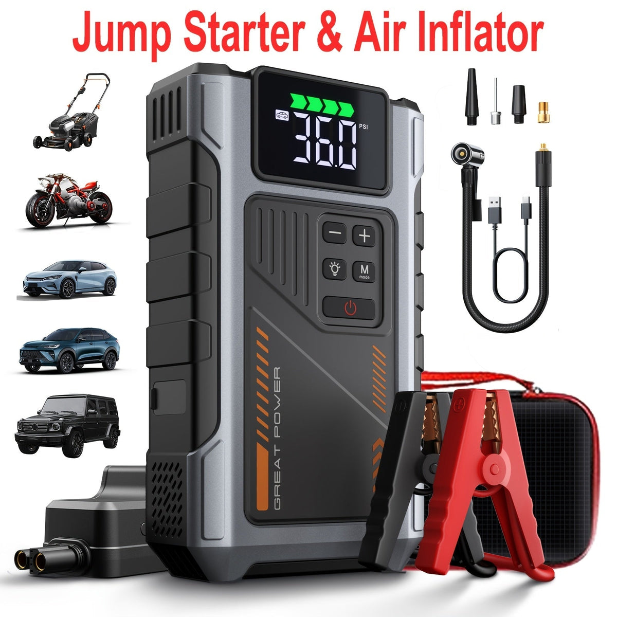 9 in 1 Portable Jump Starter with Air Compressor for 12V Cars Up to 8.0L Gas 6.5L Diesel Battery Booster Pack Tire Inflator USB Power Bank LED Emergency Light Safety Hammer Roadside Kit