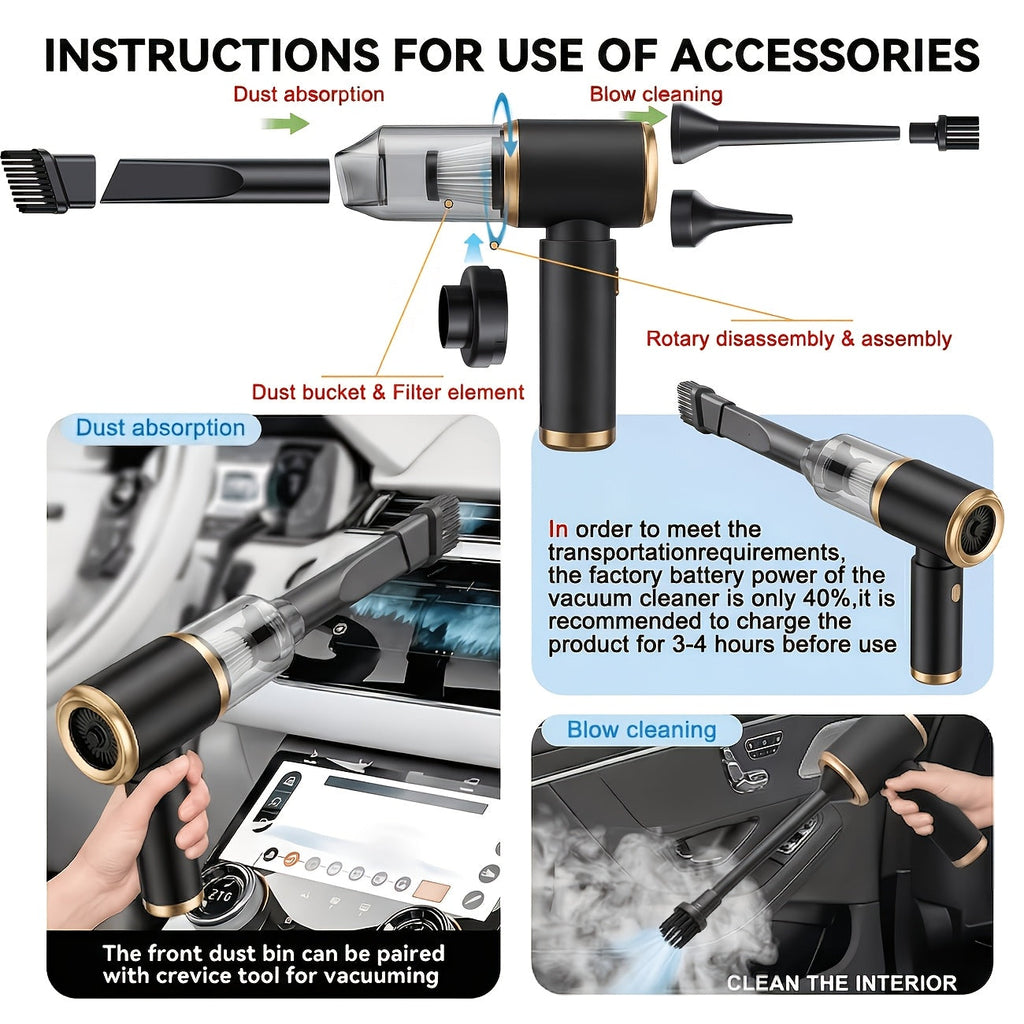 8000Pa Portable Car Vacuum Cleaner – Handheld Auto Vac with Blow & Suction Functions, Gap Cleaning Tools, High-Efficiency Strong Suction for Car, Office & Home Cleaning