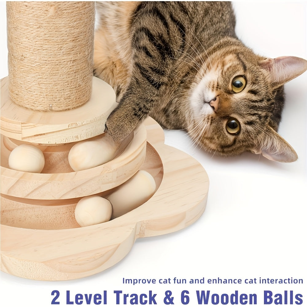 Wooden Cat Scratching Post 5-in-1 Solid Pine Base Tall Sisal Post 2-Level Track Ball Feather Toy Hanging Balls No-Debris Indoor Cat Activity Center Kittens Adults