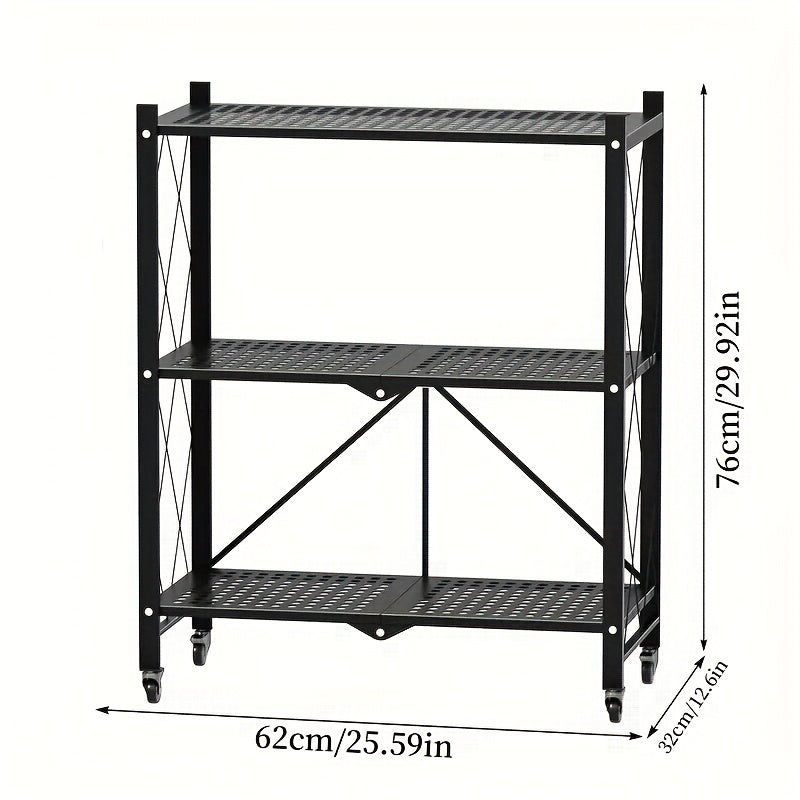 3 Layer Heavy Duty Foldable Metal Storage Rack with Wheels 750 LBS – Movable Rolling Shelving Unit for Garage Kitchen Warehouse Basement & Home Organization