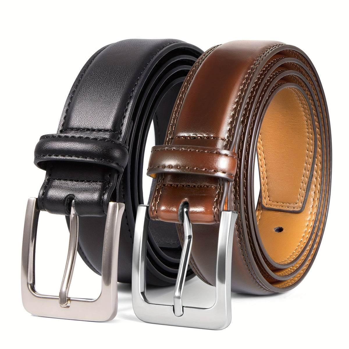 2 Pack Men's Genuine Leather Belt Set with Zinc Alloy Buckle – 1 3/8 Inch Wide Dress Casual Golf Jeans Belt for Men Sizes 30-50 Great Gift for Him