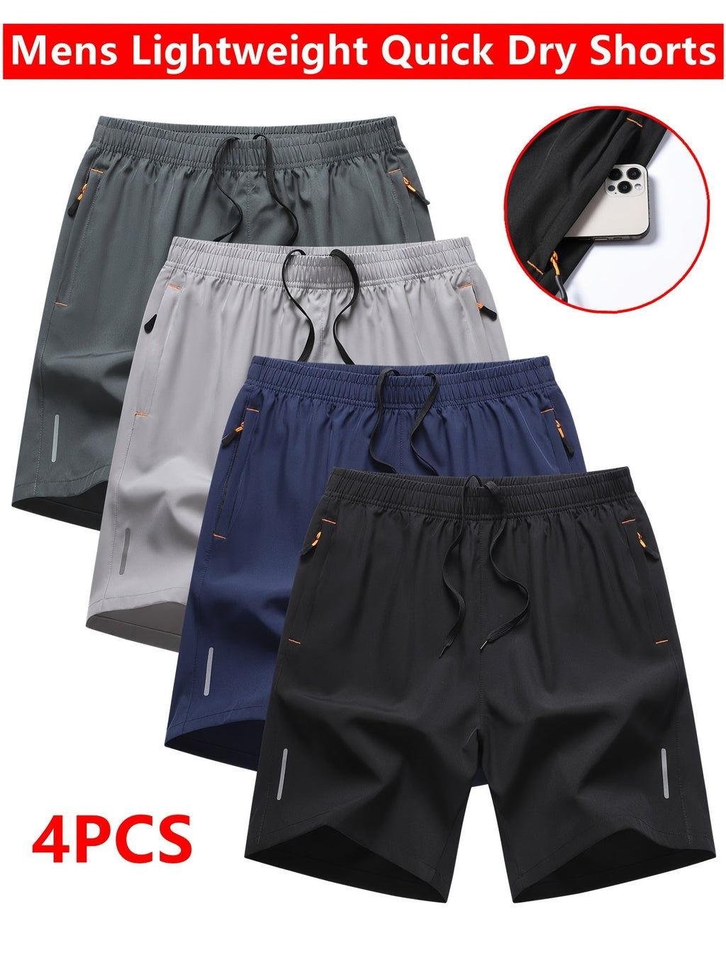 Men's Athletic Shorts 4-Pack Quick-Dry Lightweight Breathable, Zipper Pockets Drawstring Waist Loose Fit for Running, Gym, Cycling, Basketball, Tennis, Outdoor Sports & Beach - Mixed Colors S-XXXL