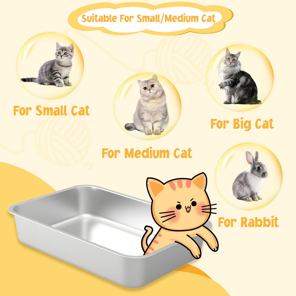 Stainless Steel Cat Litter Box High Sides Anti-Leakage Metal Litter Pan with Scoop Sifting Tray Rust-Proof Odor-Resistant Non-Stick Easy Clean Indoor Cat Toilet Medium Large Cats
