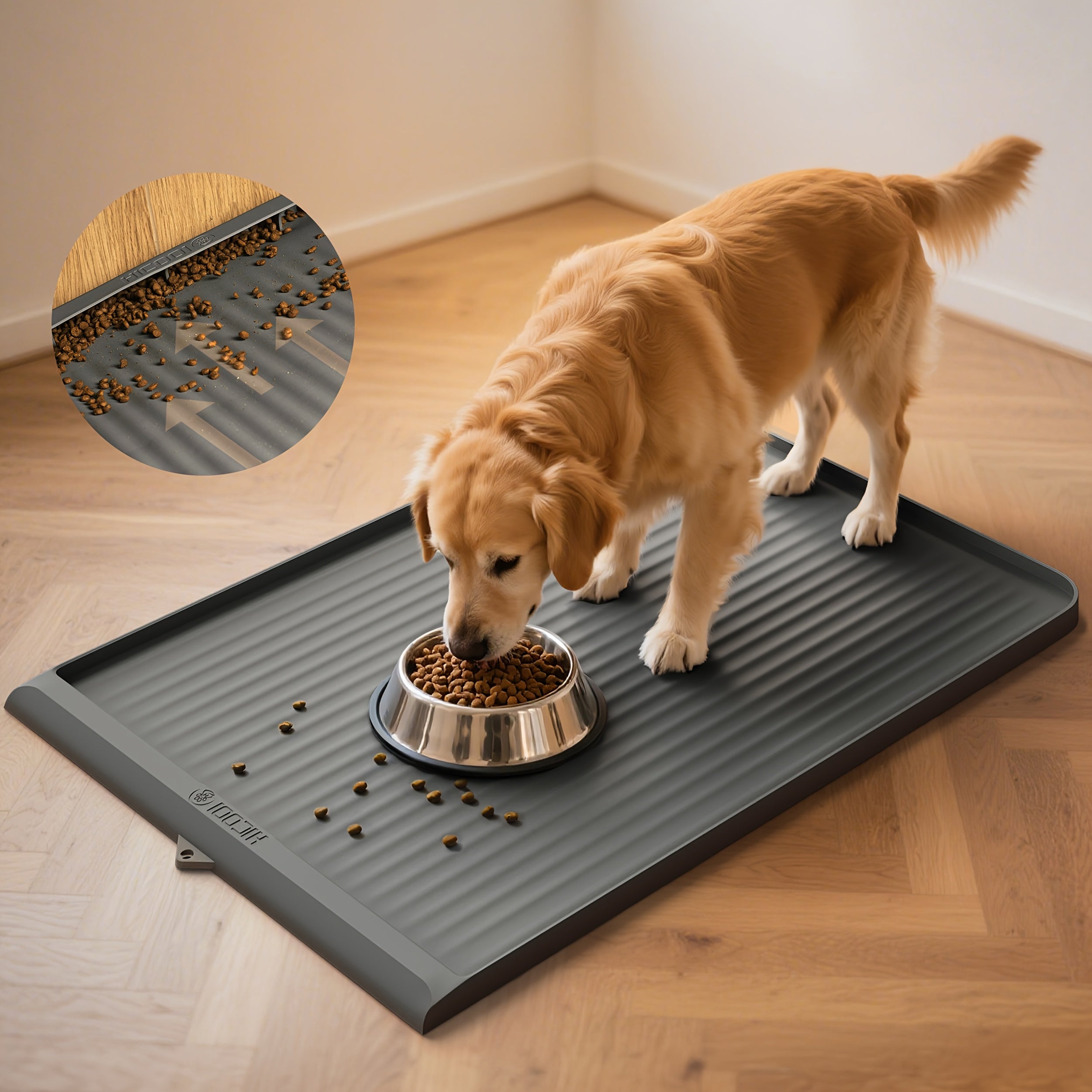 36"x24" Waterproof Pet Feeding Mat Large Non-Slip Dog & Cat Food Mat – Raised Edges, Diversion Grooves, Easy Clean Bowl Mat for Food & Water, Grey