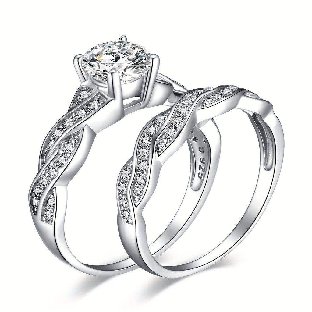 925 Sterling Silver Infinity Knot Bridal Ring Set of 2 for Women – Round Cut Cubic Zirconia Stackable Wedding Engagement Rings, Silver & Gold, Sizes 4-12