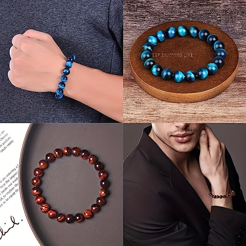 10-Piece 8mm Natural Stone Stretch Beaded Bracelet Set Unisex Stackable Round Bead Vintage Style Men Women Holiday Gift
