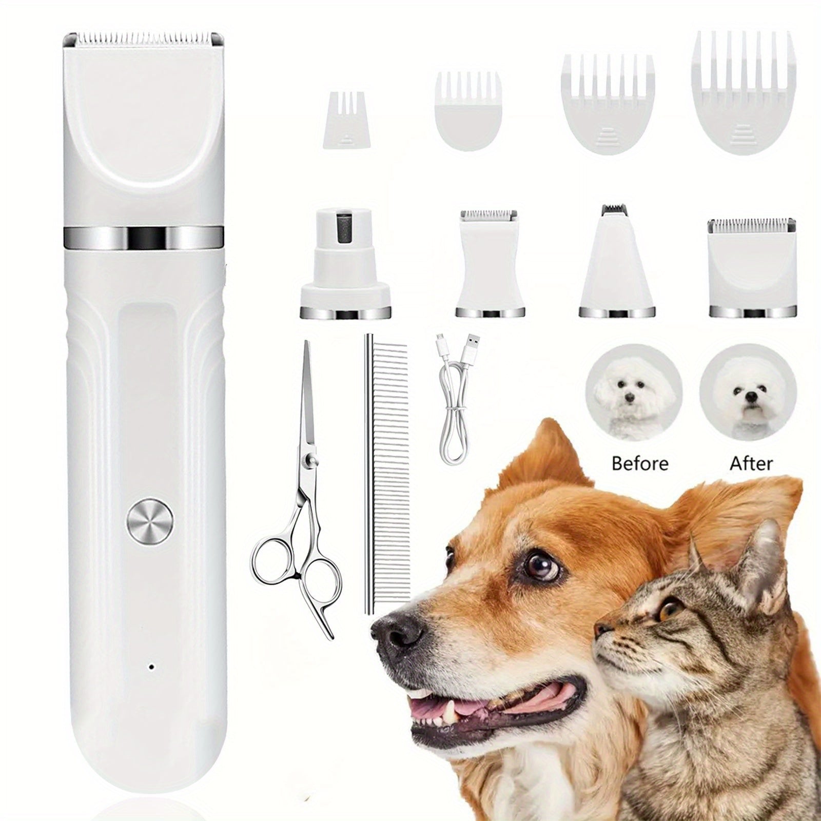 6-in-1 Rechargeable Pet Grooming Kit for Dogs Cats Cordless Hair Clipper Steel Scissors Comb Shaver Set for Thick Heavy Coats USB Charging 50-Min Runtime Blue White