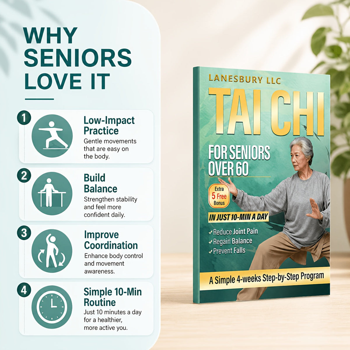 Tai Chi for Seniors Over 60 – Beginner-Friendly Exercise Program for Balance Training, Fall Prevention, Joint Pain Relief, Mobility & Flexibility | Healthy Aging Home Workout Guide for Men & Women
