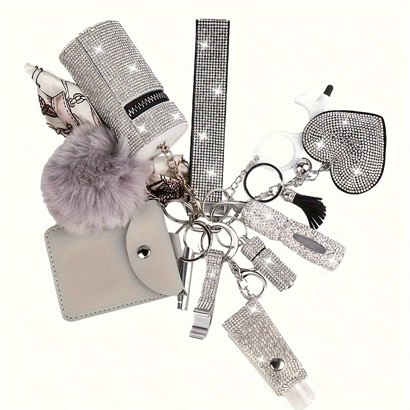 Rhinestone Keychain Set for Women 11 Piece – Multifunctional Keyring with Card Holder Pill Bottle Whistle Perfume Bottle Storage Bag & Quote Charms Gift for Her