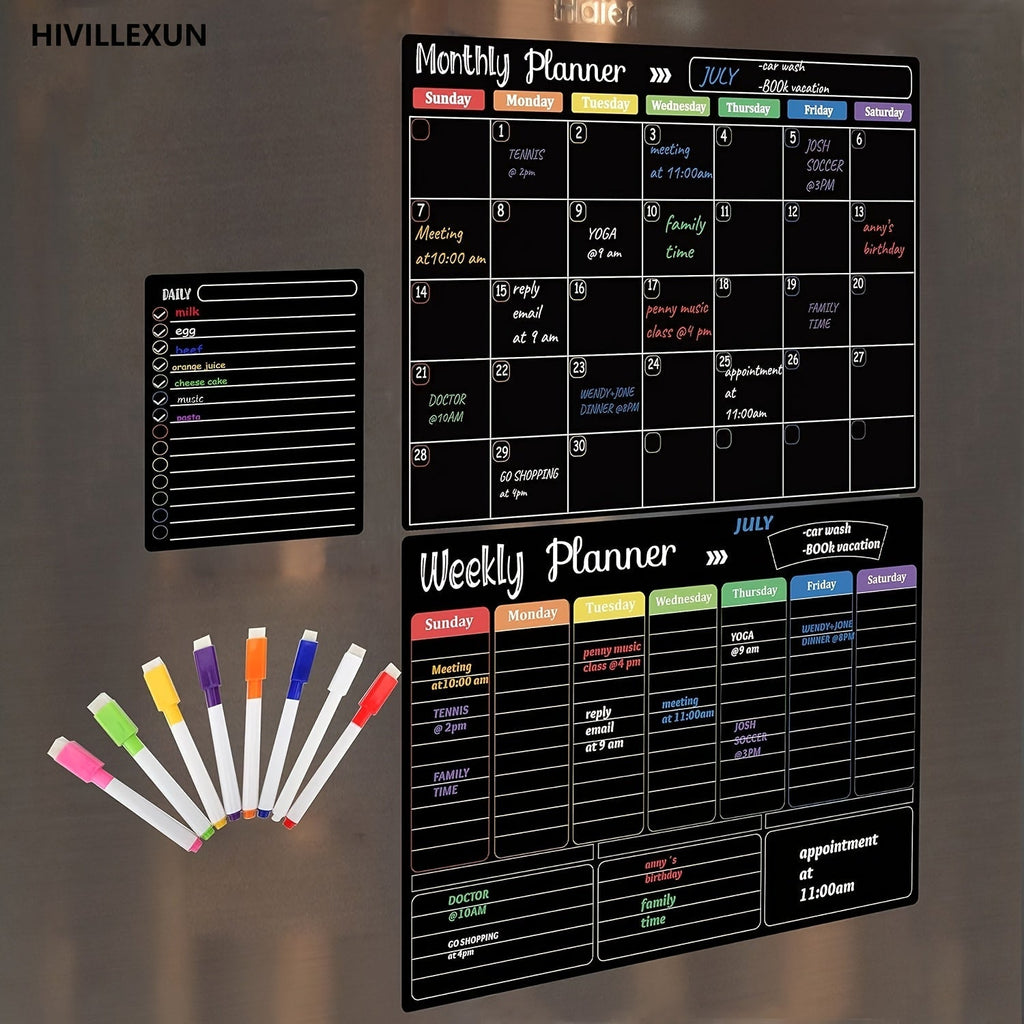 Magnetic Dry Erase Board Set of 3 for Fridge & Wall – Black Monthly Weekly Daily Planner Calendar with 8 Markers, Family Home Office Organizer by Hivillexun