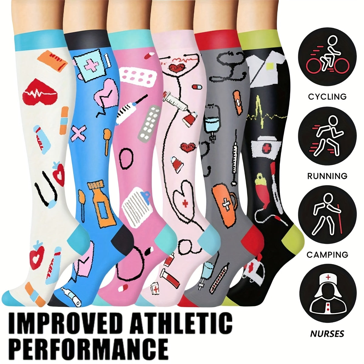 Compression Sports Socks 6 Pack Unisex Lightweight Mid-Calf – Casual Athletic Socks for Running Cycling Soccer Hiking Outdoor Activities & Travel, Sizes S/M & L/XL