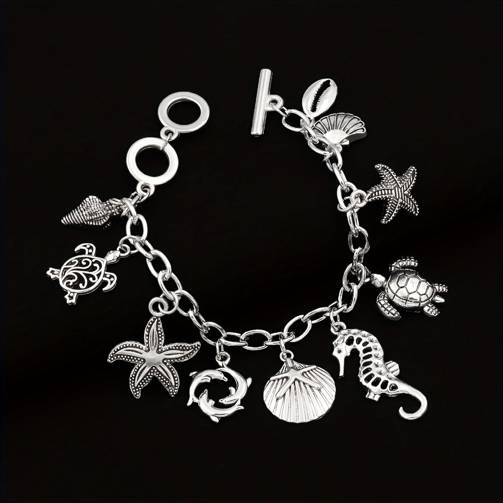 S925 Sterling Silver Ocean Charm Bracelet Women – Seahorse Turtle Dolphin Starfish Conch Scallop Pendant Chain Marine Animal Jewelry Friendship Gift Summer Vacation