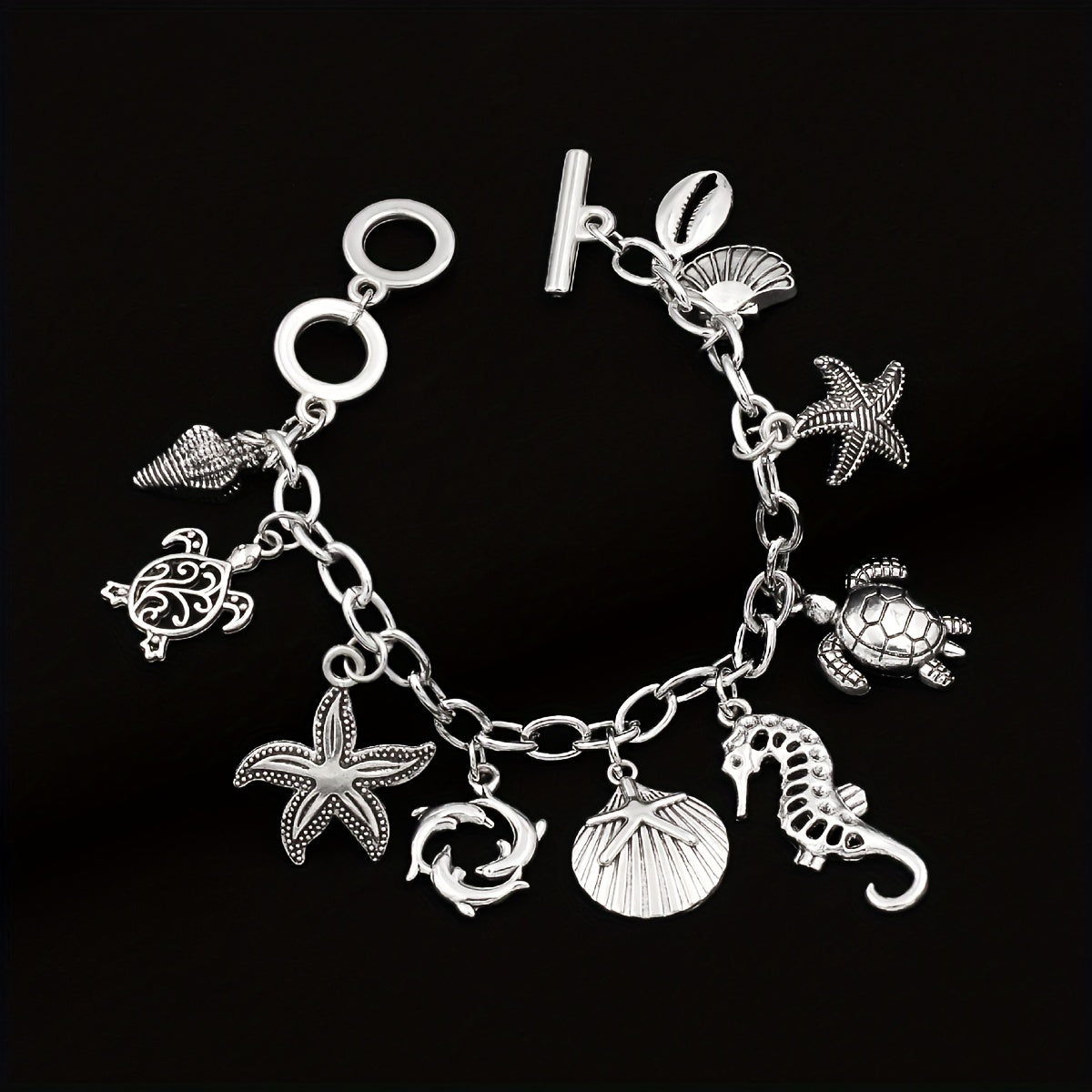 S925 Sterling Silver Ocean Charm Bracelet Women – Seahorse Turtle Dolphin Starfish Conch Scallop Pendant Chain Marine Animal Jewelry Friendship Gift Summer Vacation