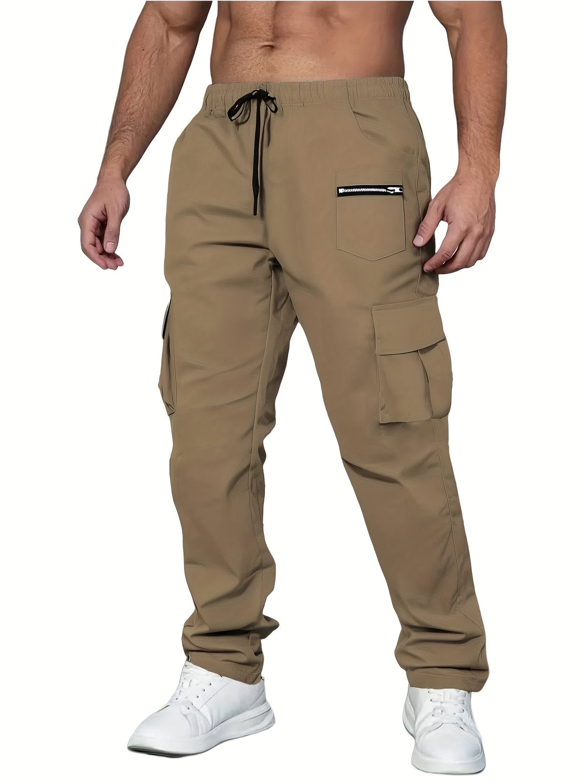 Men's Cargo Pants 2-Pack Multi-Pocket Elastic Waist Drawstring Hiking Trousers Breathable Loose Straight Fit All Season Black Khaki Dark Grey Sizes S-XXL