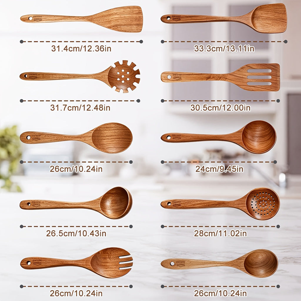 10-Piece Natural Teak Wooden Kitchen Utensils Set - Cooking Spoons, Spatulas & Shovel, Non-Stick Safe, Heat Resistant, Eco-Friendly Wood Cookware Tools for Home Kitchen