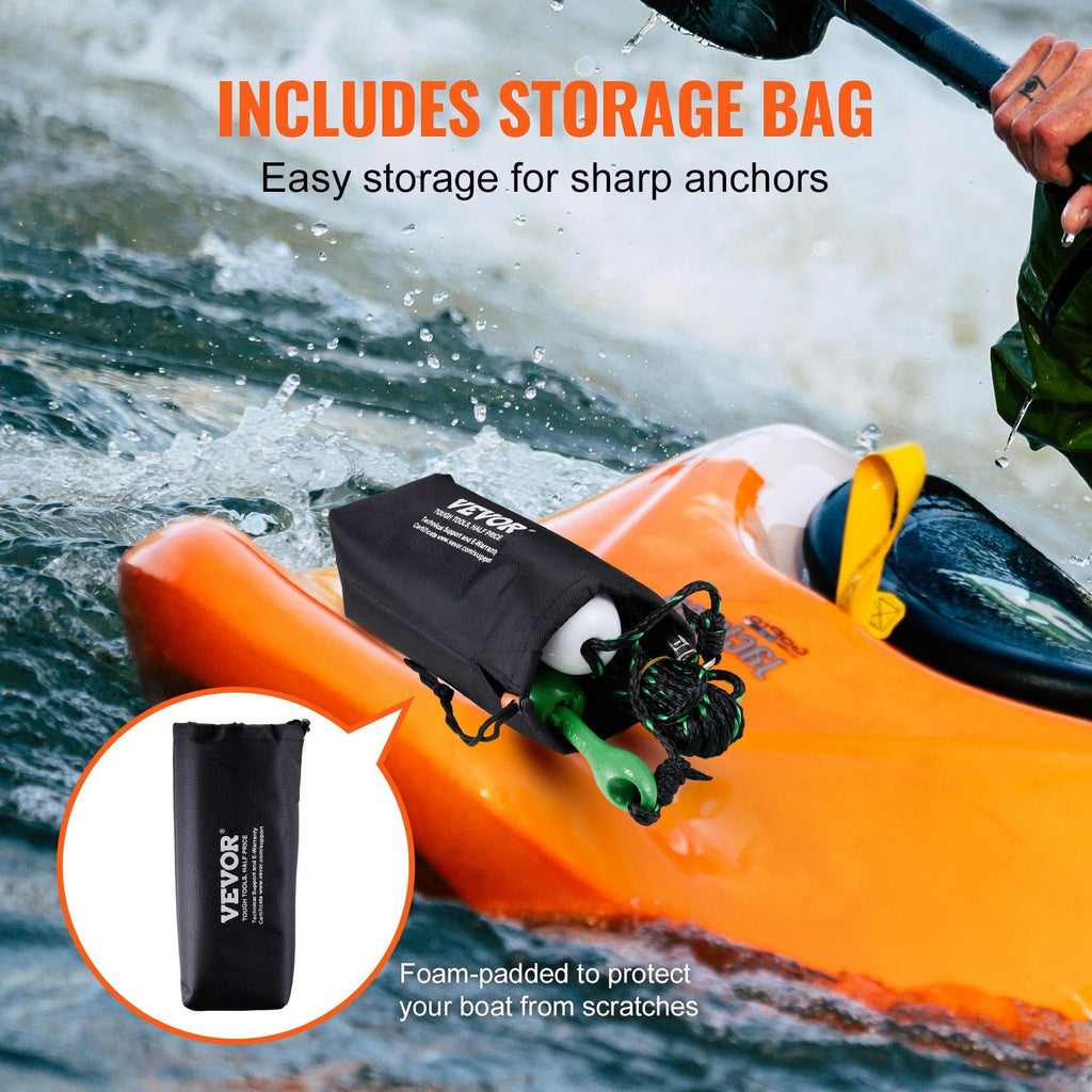 VEVOR Kayak Anchor Kit 3.5 lb Folding 4-Fluke with 26.2 ft Marine Rope, Buoy & Snap Hook - Corrosion-Resistant Paddle Board Anchor for Kayaks, Canoes, SUP & Small Boats