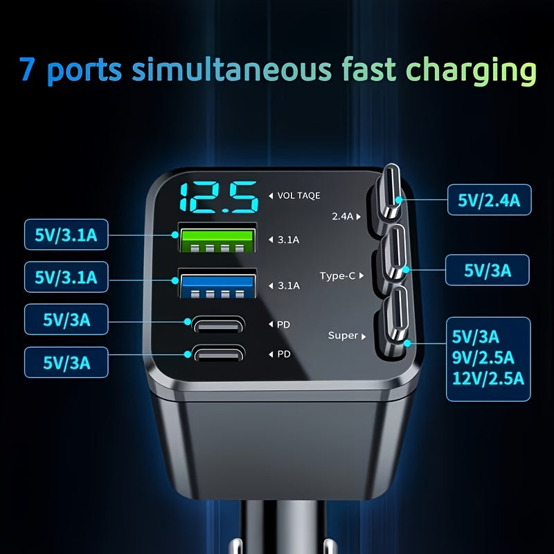 7 in 1 Car Fast Charger with 3 Retractable Cables LED Digital Display 180 Degree Adjustable Multi-Port Car Phone Charger for iPhone Android USB-C Samsung Universal 12V 24V