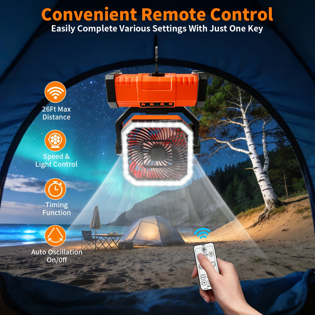 20000mAh Portable Camping Fan with Remote Control, LED Lights & 4 Speeds – Rechargeable Battery Operated Oscillating Tent Fan with 360° Rotation & Power Bank for Outdoor Camping, RV, Travel & Home Backup