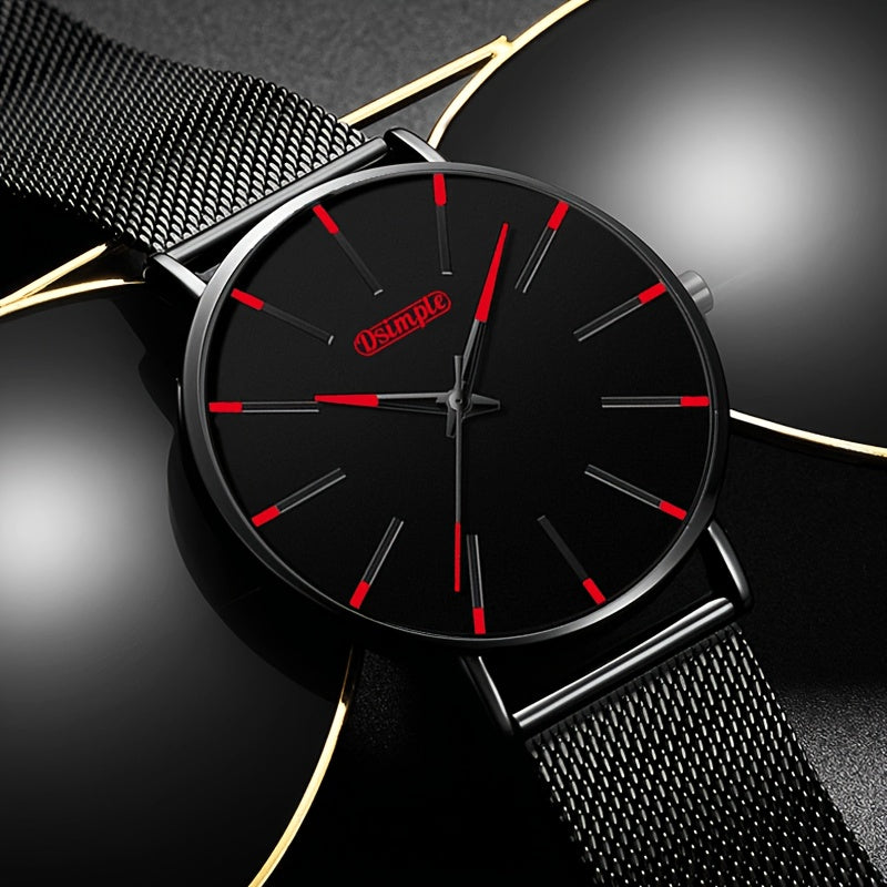 Men's Classic Quartz Watch with Stainless Steel Mesh Band – Black Dial Analog Digital Display, Date Day Stopwatch Chronograph, Scratch-Resistant Glass, Elegant Minimalist Dress Watch for Everyday Formal Wear, 5 Colors