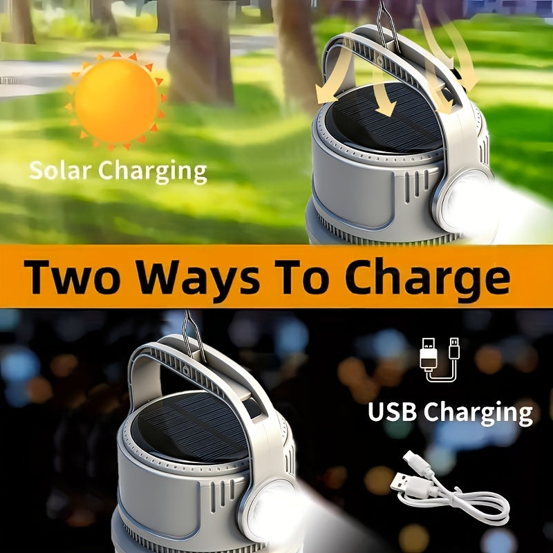 Solar Rechargeable LED Camping Lantern 6 Modes - USB Power Bank, Hook, 4-8 Hour Battery, Portable Outdoor Light for Tent Camping, Hiking, Mountaineering & Emergency