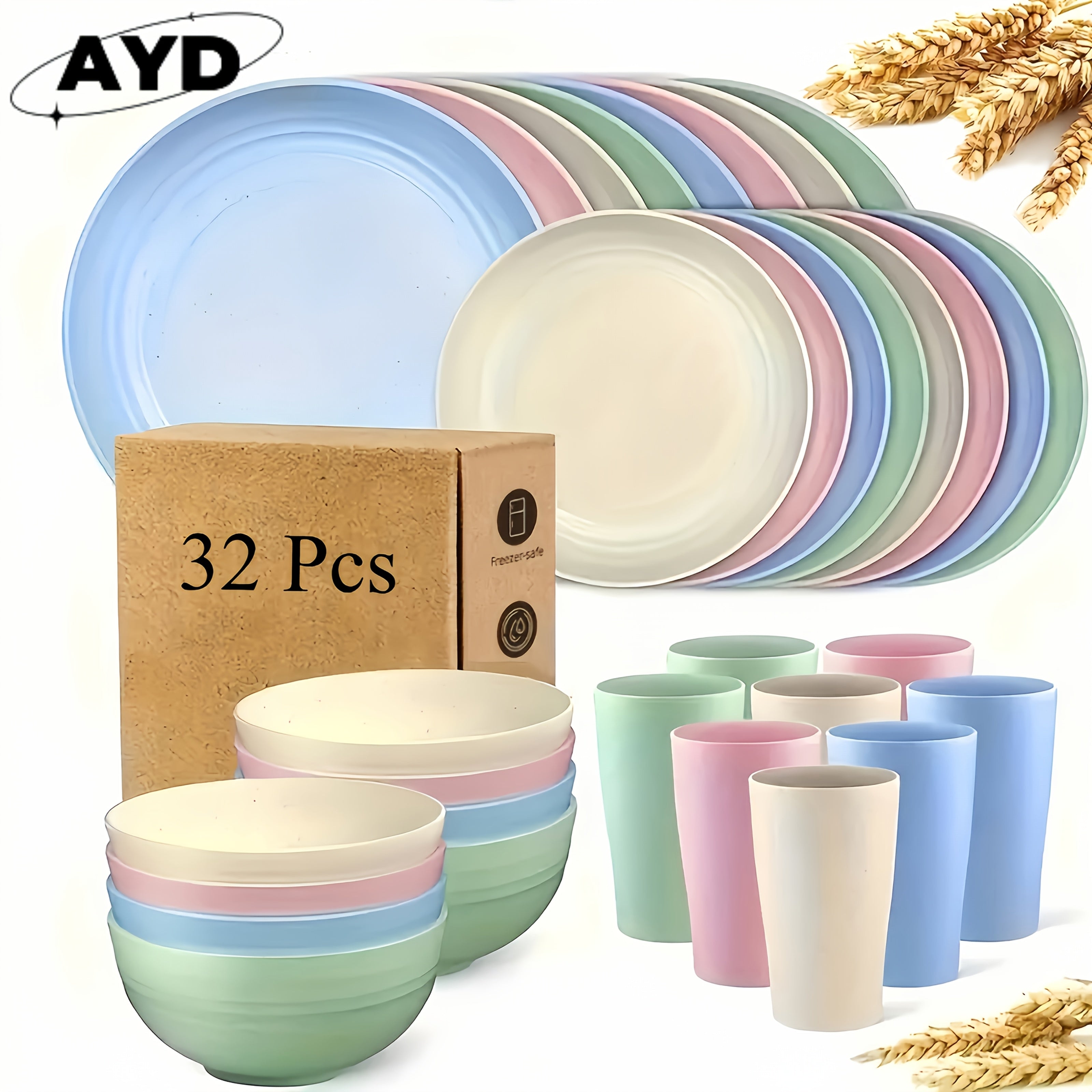 Wheat Straw Dinnerware Set 16 or 32 Piece – Unbreakable Lightweight Dishwasher Microwave Safe Plates Bowls Cups Modern Kitchen Tableware Gift for Thanksgiving Christmas Housewarming