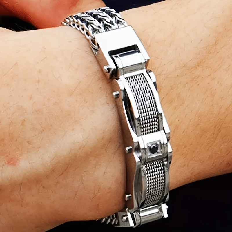 Men's 304 Stainless Steel Motorcycle Chain Bracelet – Hip Hop Punk Biker Magnetic Clasp Synthetic Gem Bracelet for Men Nightclub Party Wedding Streetwear Gift