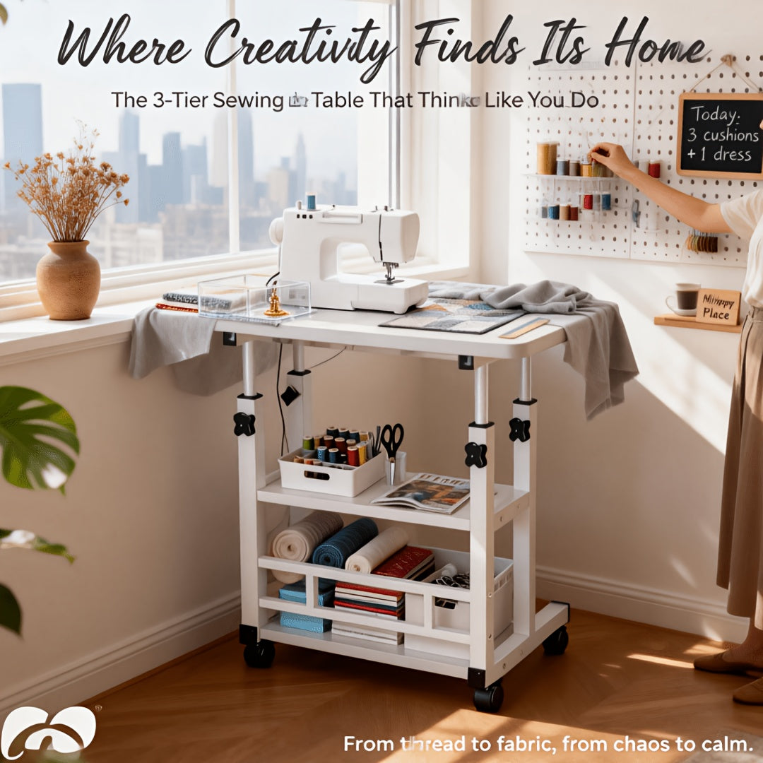 Rolling Folding Desk 3-Tier with Wheels Height Adjustable Expandable Desktop Storage Shelf Laptop Study Home Office Bedroom Living Room Computer Table Multi-Color