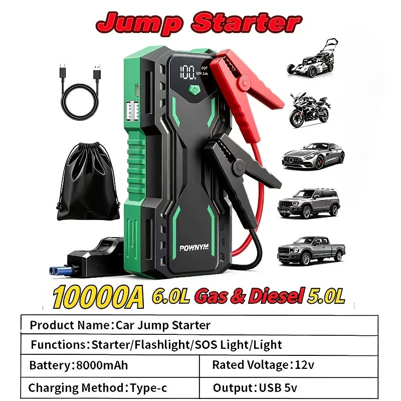 10000A Car Jump Starter 7-in-1 with 150PSI Air Pump – Portable Battery Booster for Gas Up to 10L & Diesel Up to 8L, Power Bank, Vehicle Emergency Kit