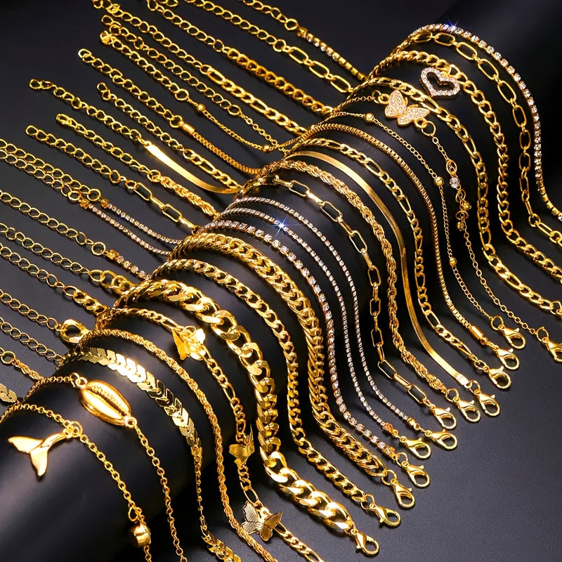 22pcs Rhinestone Butterfly Heart Stacking Anklet Set for Women – Vintage Gold-Tone Boho Layered Ankle Bracelets Twist Chain Charm Anklets for Beach Party Vacation Dating & Gift