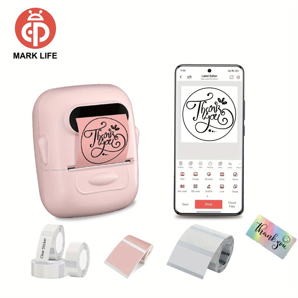 Bluetooth Wireless Thermal Label Maker – No Ink Required, Multiple Templates, Portable Label Printer for Home Office School Storage Organization, Pink White Blue