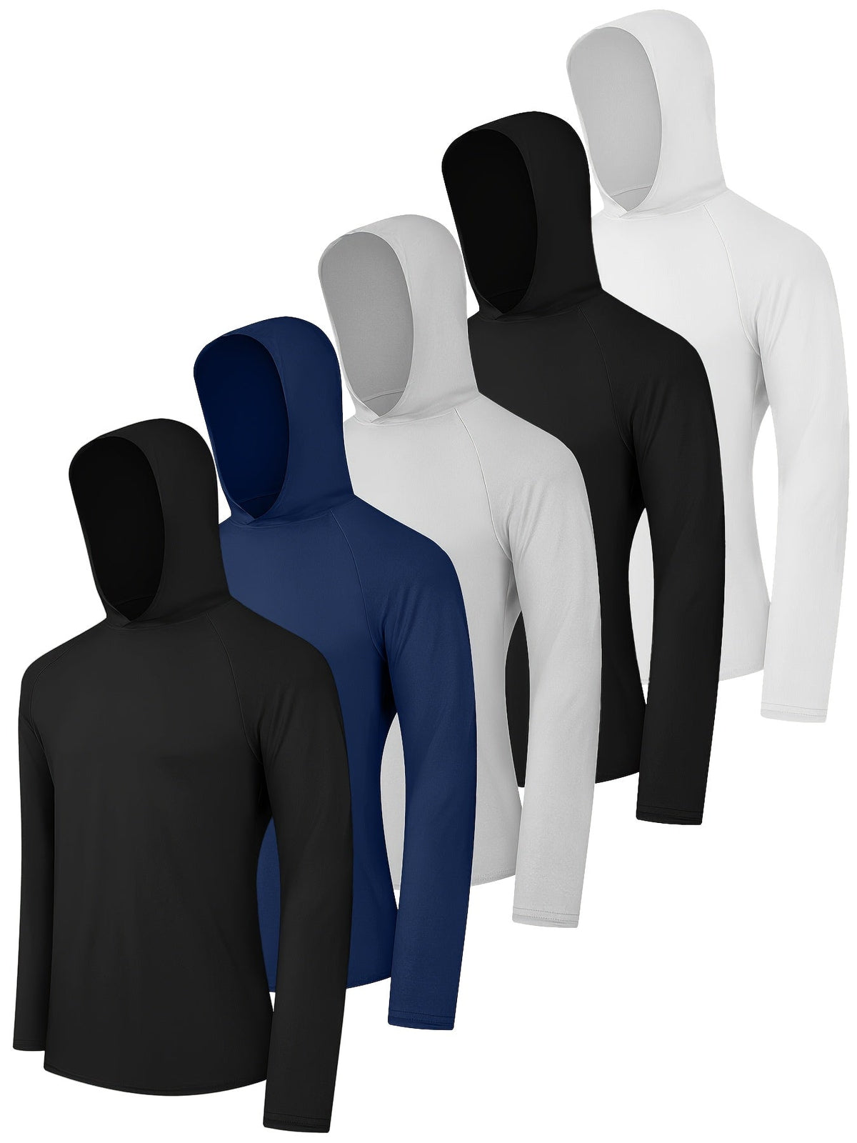 5 Pack Men's Long Sleeve Hooded Fishing Shirts UPF Sun Protection – Lightweight Moisture-Wicking Rash Guard for Fishing Hiking Kayaking Boating Outdoor Sports, Sizes S-XXL, 3 Mixed Color Sets