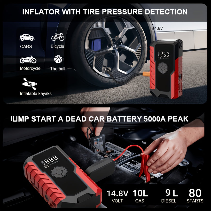 5000A Peak Portable Car Jump Starter with 150 PSI Air Inflator Pump – 10000mAh All-in-One Emergency Battery Booster, Type-C, LED Light for 12V Gas & Diesel Cars, Trucks, SUVs & Motorcycles