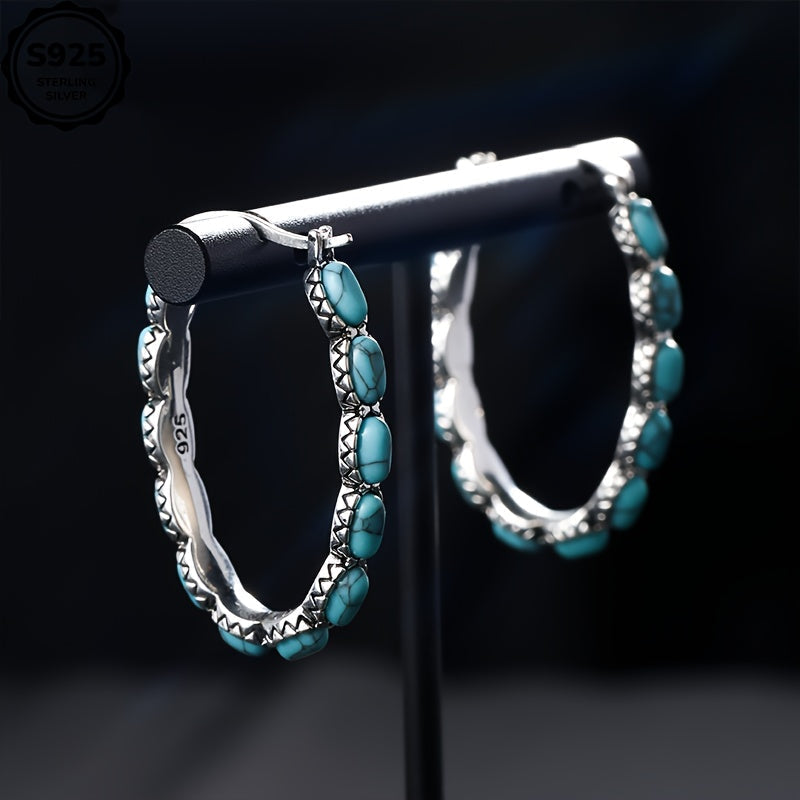 925 Sterling Silver Turquoise Stud Earrings for Women – Bohemian Retro Hypoallergenic Gemstone Studs Daily Wear Boho Jewelry Gift for Ladies Mother's Day Valentine's Day Birthday Anniversary