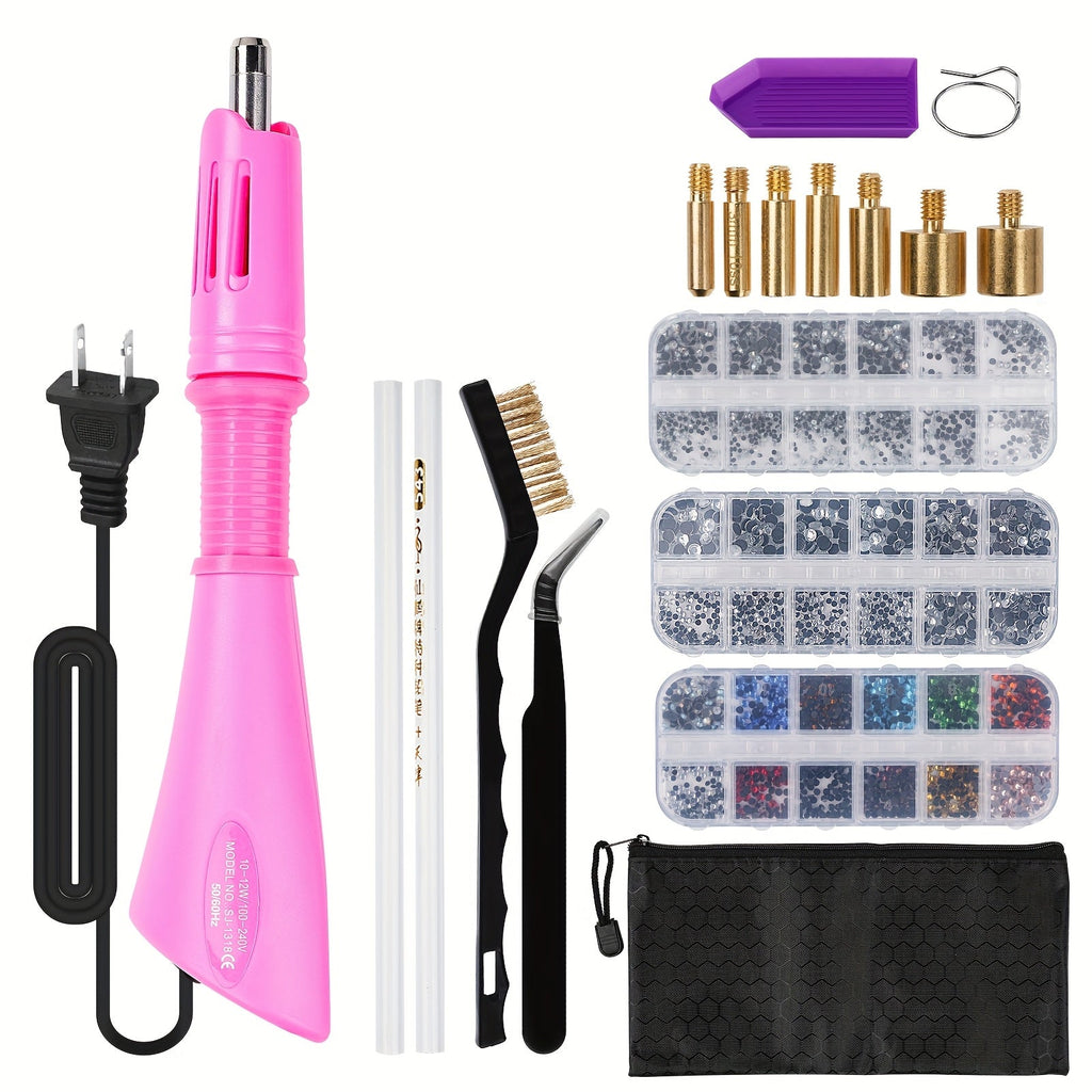 Hotfix Rhinestone Applicator Kit Complete Bedazzling Set with Wand 7 Tips Multi-Color Crystal Rhinestones Tweezers Wax Pens Storage Bag DIY Bling Tool for Clothing Fabric Leather Shoes Bags Crafts