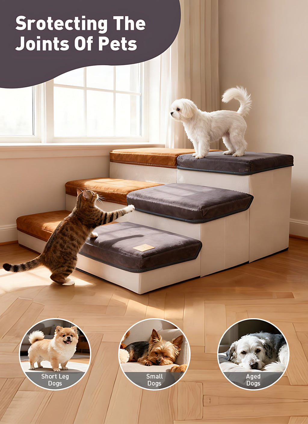 3-Tier Foldable Dog Stairs for Small Dogs Non-Slip Nylon Pet Ramp for High Beds Sofas Compact Foldable Brown White Includes Bonus Plush Toy