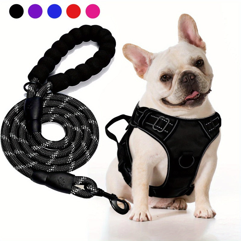 No Pull Dog Harness and Leash Set Adjustable Reflective Oxford Vest 5-Foot Padded Handle Rope Medium Large Dogs Quick-Release Buckles Sizes S M L XL 5 Colors Black Purple Blue Red