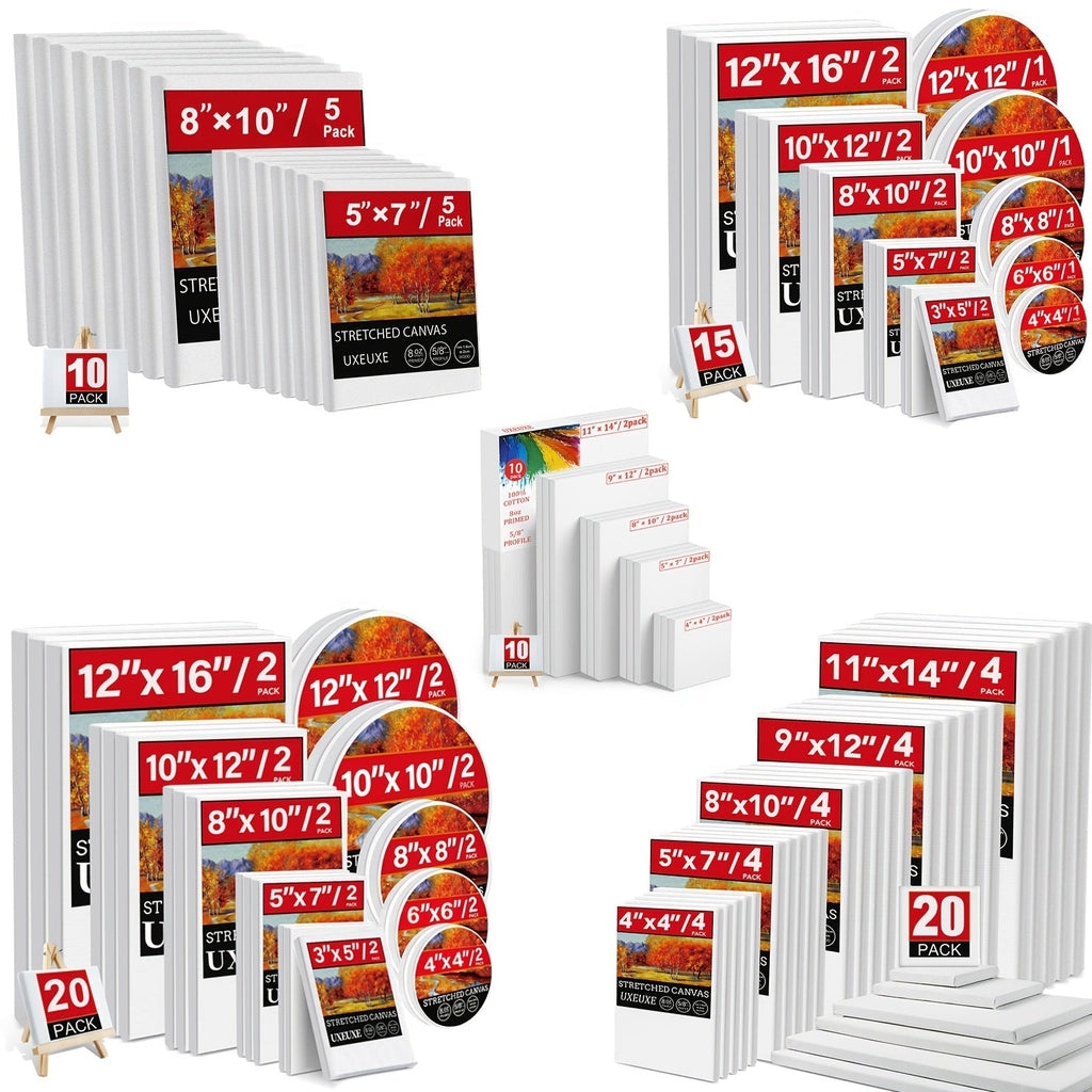 Stretched Canvas Multi-Pack 100% Cotton Primed White – Round Square Rectangular Sets 10 15 20 Pieces for Acrylic Oil Watercolor Painting Pouring Mixed Media Artist Boards Bulk Value Pack
