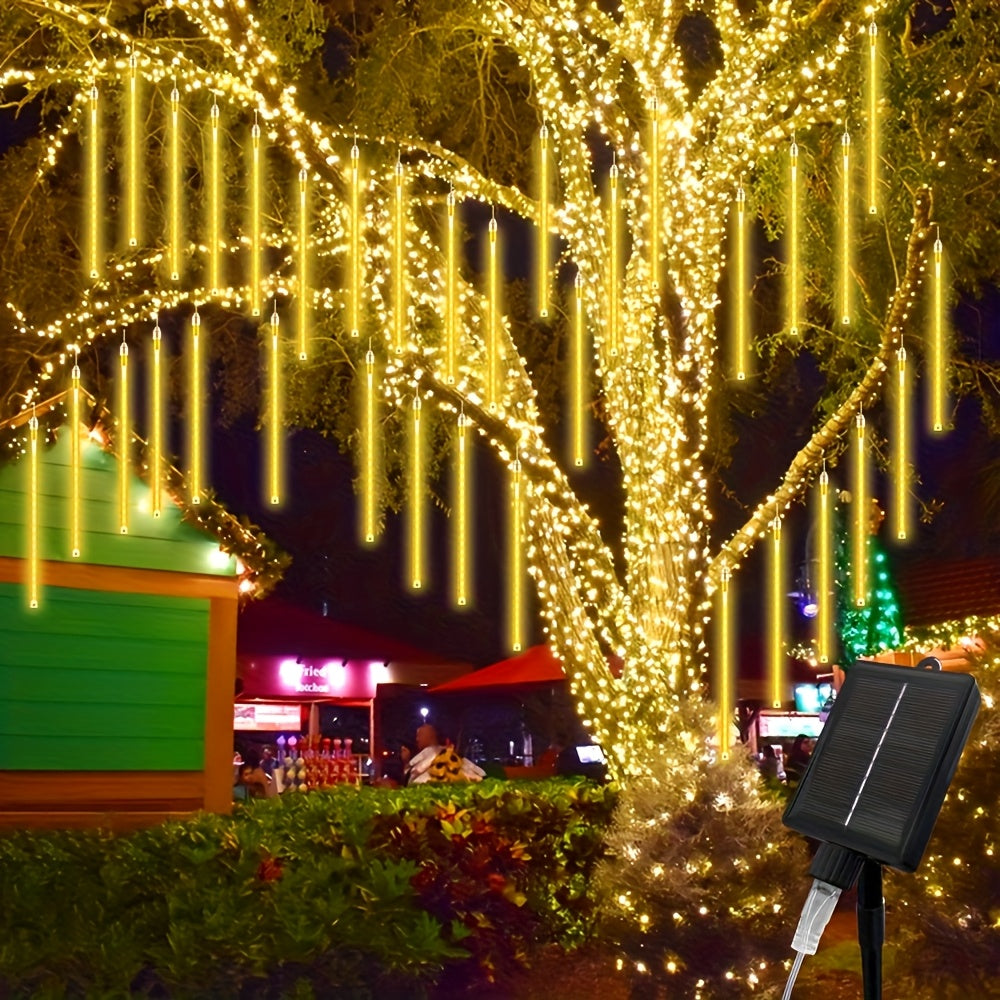 Solar Meteor Shower String Lights 192 LED Outdoor Waterproof - Flower Theme 8 Modes Fairy Lights for Garden Patio Tree Christmas Halloween Independence Day Warm White Multi-Color Blue