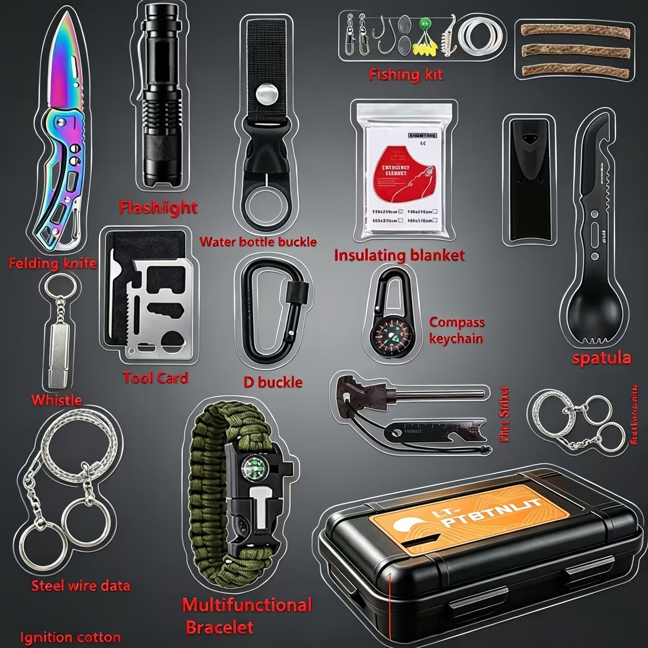 Men's Survival Kit 12 to 115 Piece Emergency Gear Set with Flint Fire Starter Multi-Tool for Camping Hiking Hunting Fishing Outdoor Adventure Gift for Dad Husband