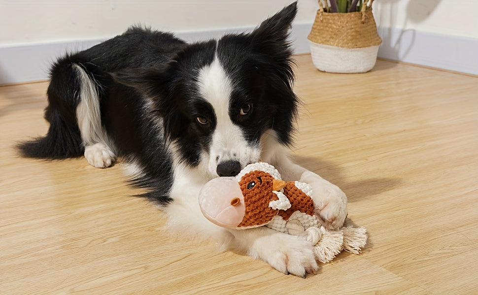 Squeaky Cow Dog Toy Plush Interactive Tug-of-War Rope with Crinkle Paper IQ Training Chew Toy for Small Medium Large Dogs Anxiety Relief Boredom Buster No Battery Needed