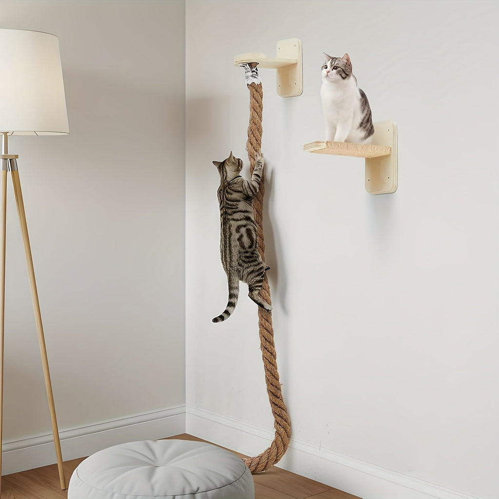 Wall Mounted Cat Tree 60 Inch Jute Climbing Rope Space-Saving Cat Wall Furniture with Scratching Post Large Ladder Resting Platform Indoor Cat Activity Set for Exercise Play