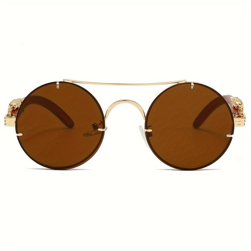 Round Metal Frame Gradient Sunglasses for Men & Women – Luxury Double Bridge, Leopard Detail Hinges, Gradient PC Lenses, Includes Case, Chic Vacation & Street Style Eyewear