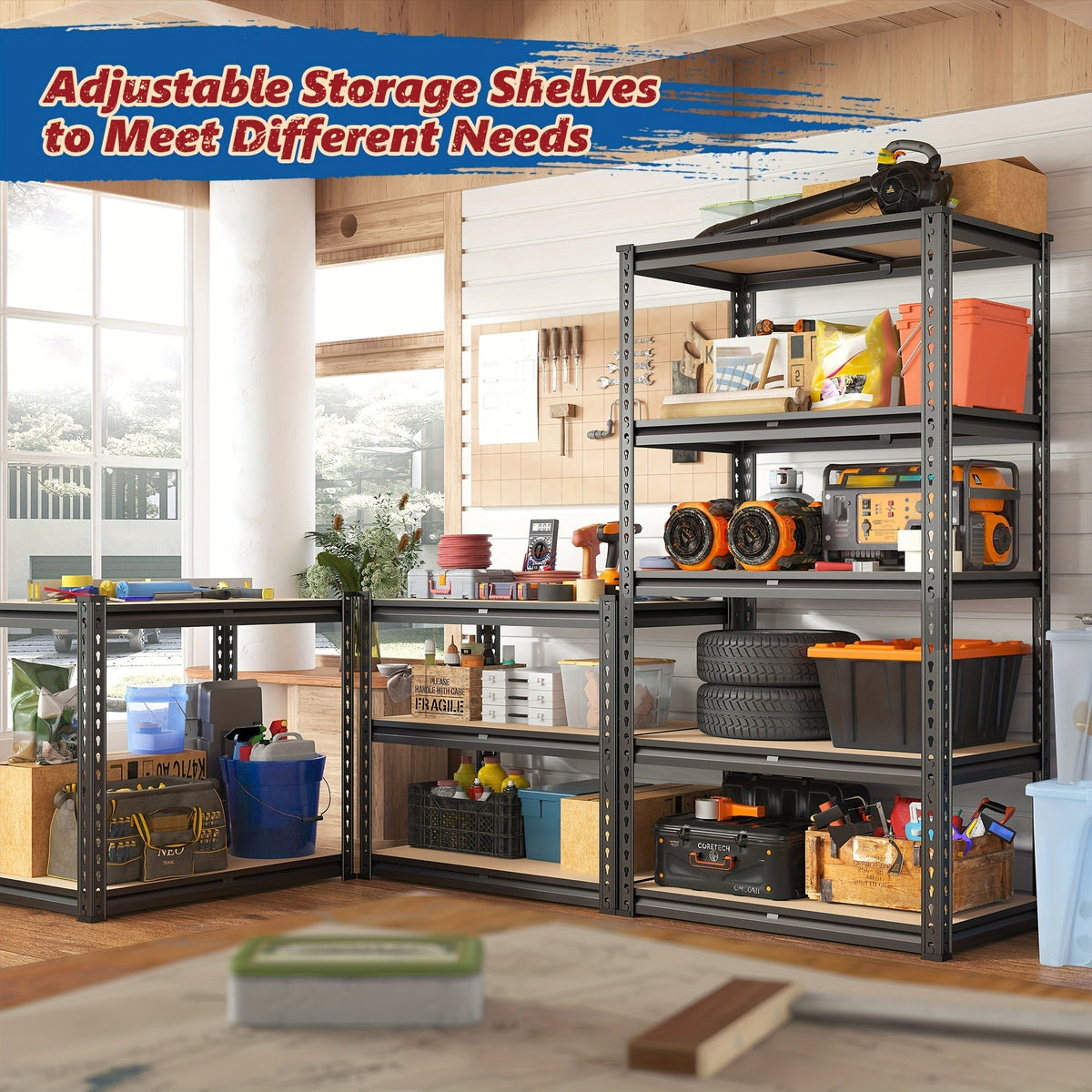 Heavy Duty 5-Tier Metal Garage Shelving Unit 2000 LBS – Adjustable Steel Storage Shelf Rack 60–72 Inch for Garage, Basement, Pantry, Kitchen & Warehouse, Tool-Free Assembly, Black