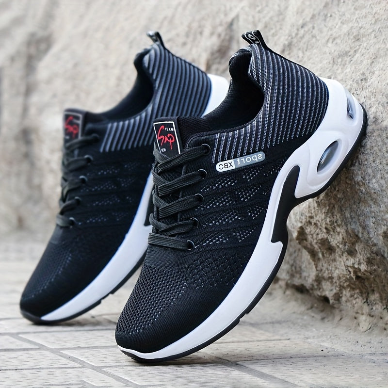 Air Cushion Slip-Resistant Men's Athletic Sneakers – Breathable Lace-Up Casual Sports Shoes for Gym Walking Running Urban Everyday Wear, Black & White or Black Blue, Sizes US 6.5–11.5
