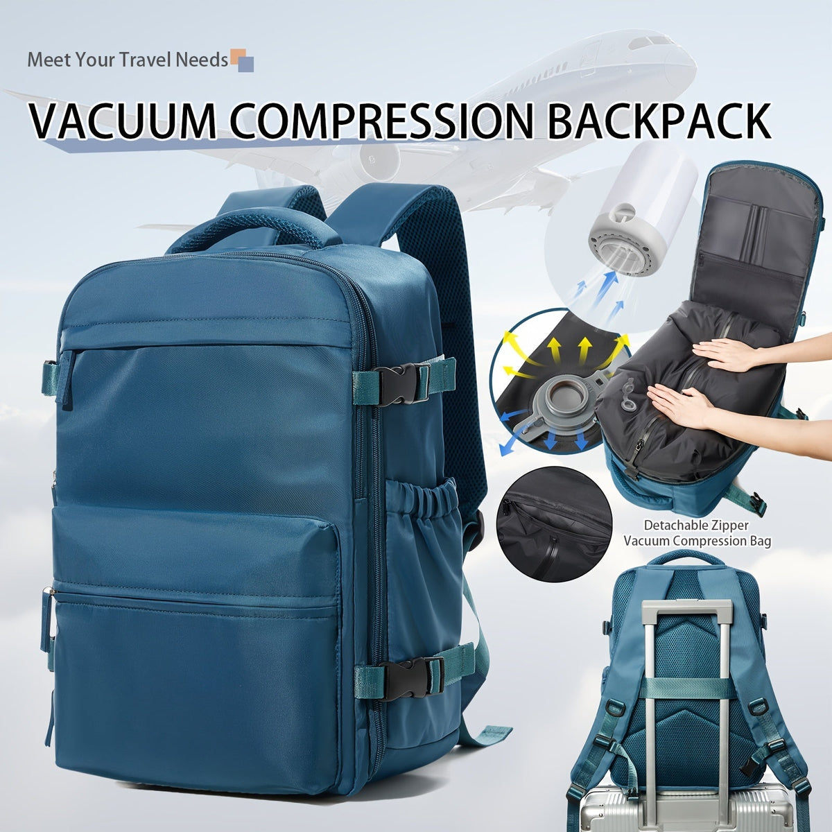 Vacuum Seal Travel Backpack with Air Pump – Expandable Large Capacity Compression Space Saver Laptop Carry-On Bag Oxford Cloth for Men Women Hiking Camping Travel