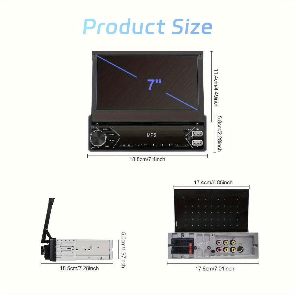Single DIN Car Stereo 7 Inch HD Retractable IPS Touchscreen MP5 Player Bluetooth Mirror Link FM Radio USB AUX 45Wx4 TDA7388 Amplifier Colorful Backlight Universal 1 DIN Head Unit | Nova Mart