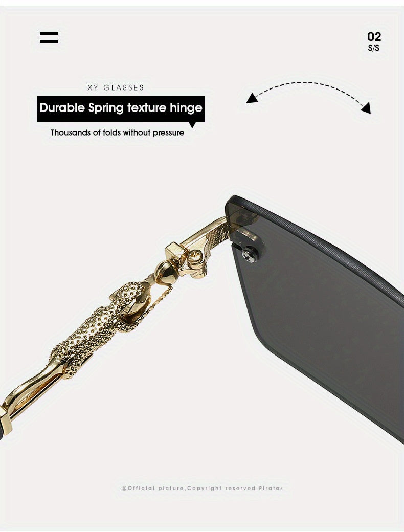 Unisex Luxury Frameless Sunglasses with Leopard Arms - UV400 Narrow Rectangular Lens Black & Gold Fashion Eyewear for Men & Women, Includes Protective Case & Cleaning Cloth for Driving Travel & Parties