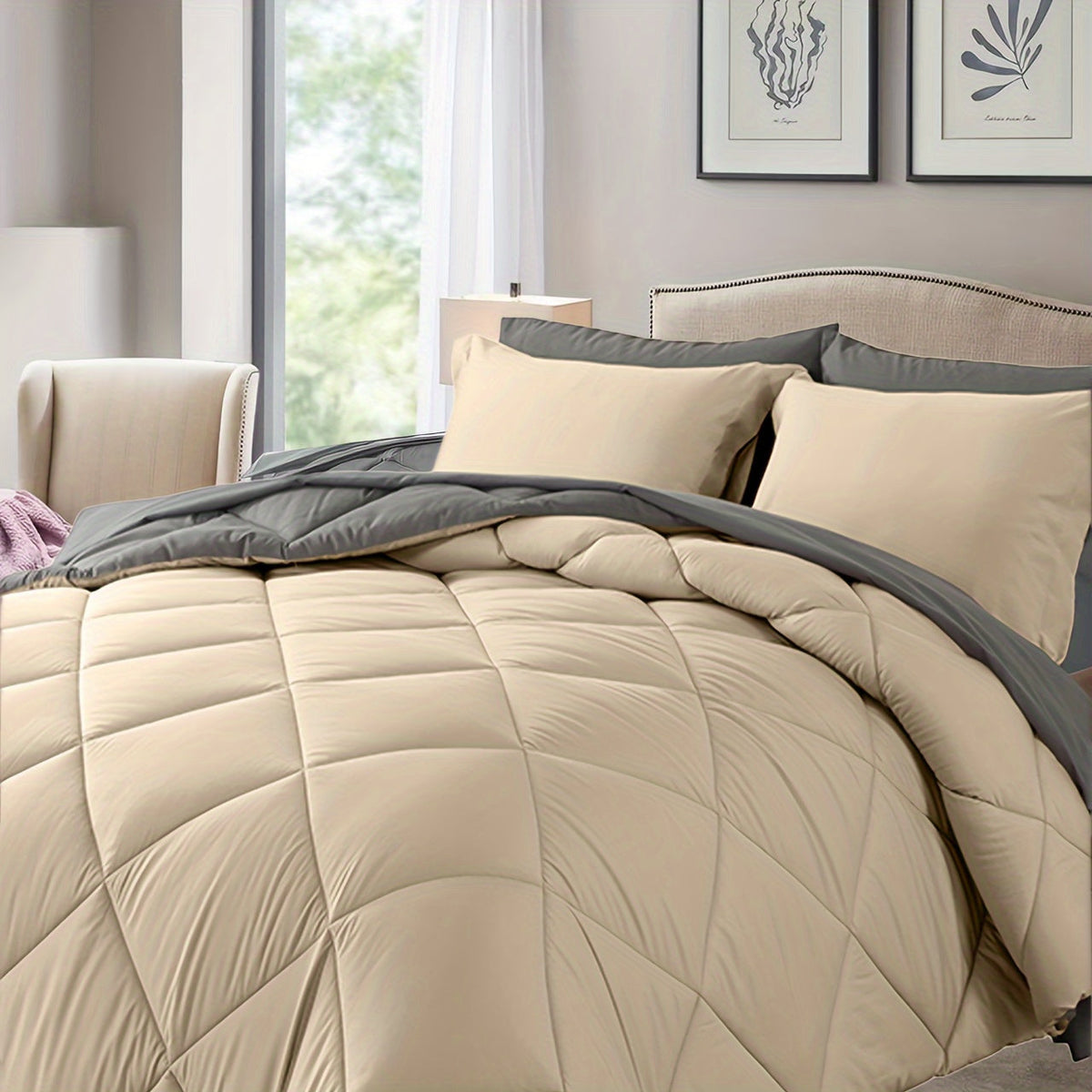 7 Piece Comforter Set Queen King Size – Soft Microfiber Pinch Pleated Bed in a Bag with Comforter, Fitted Sheet, Flat Sheet & 4 Pillowcases, All-Season Bedding Set for Home & Dorm