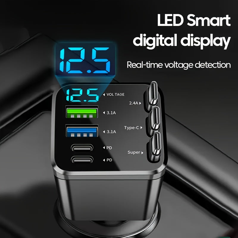 7 in 1 Car Fast Charger with 3 Retractable Cables LED Digital Display 180 Degree Adjustable Multi-Port Car Phone Charger for iPhone Android USB-C Samsung Universal 12V 24V