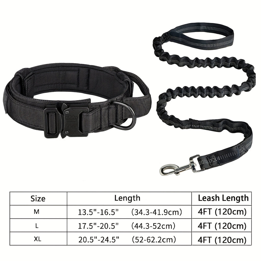Tactical Dog Collar & Leash Set – Heavy-Duty Adjustable Polyester with Metal Buckle & D-Ring for All Dog Sizes, Military-Style Training Collar and Leash in Black & Khaki, Sizes M & L